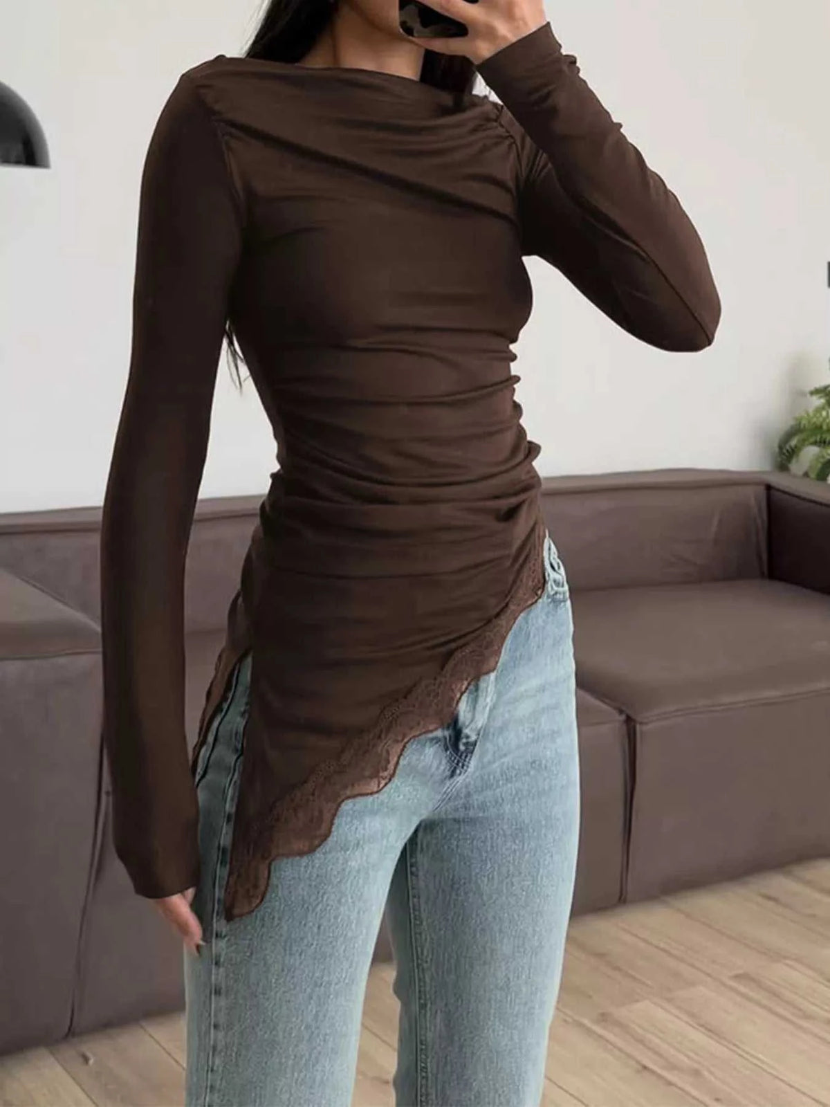 Asymmetrical One-Shoulder Ruched T-Shirt with Lace Trim 100100076441475 32 Affordable Fashion Under $100 Jerry's Apparel 