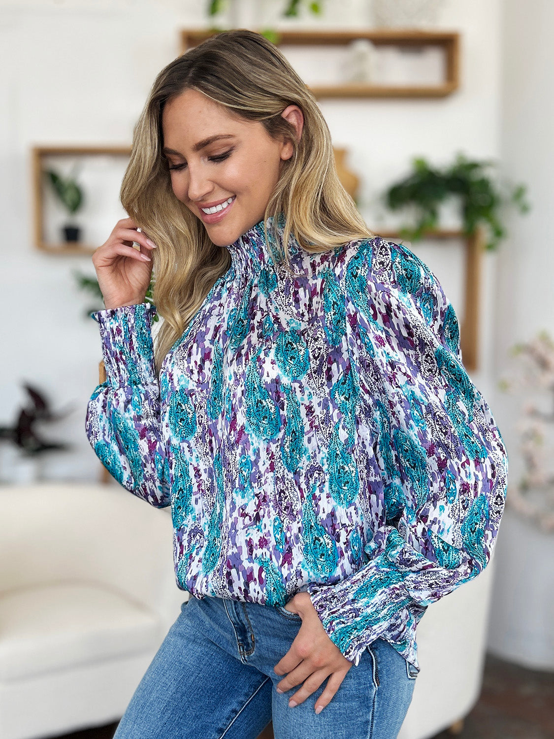 Full Size Printed Smocked Long Sleeve Blouse