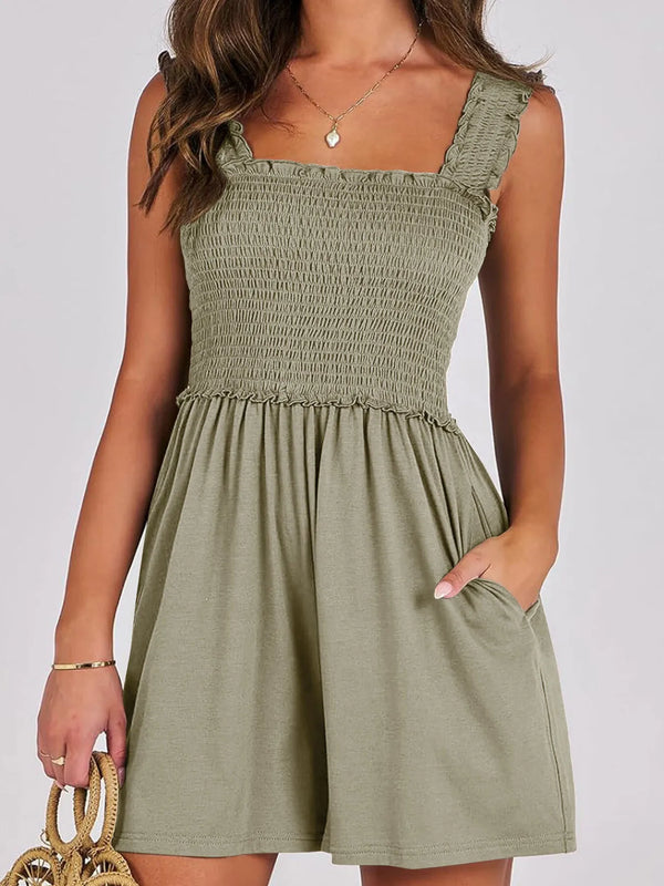 Smocked Square Neck Sleeveless Romper