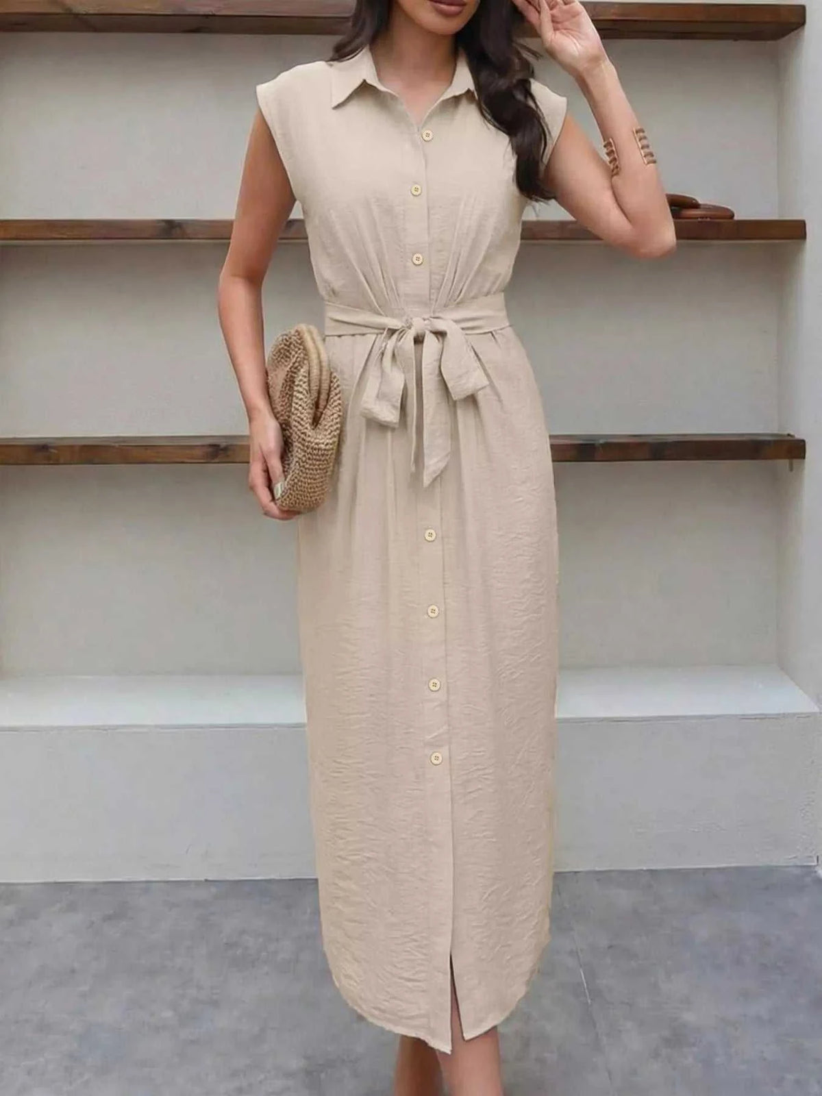 Sleeveless Button-Down Tie Waist Midi Dress 100100610641255 39 Women's Midi Dress Affordable Boutique Dresses Under $50 Jerry's Apparel 