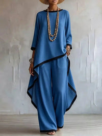 Full Size Contrast Trim High-Low Top and Pants Set Plus Size 101001695377847 67 Women's Pants Set Gifts for Her Jerry's Apparel 