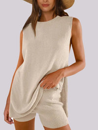 Side Slit Round Neck Tank and Ribbed Shorts Sweater Set 100100101501711 39 Affordable Fashion Under $100 Jerry's Apparel 
