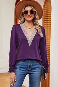 Lace Detail V-Neck Lantern Sleeve T-Shirt