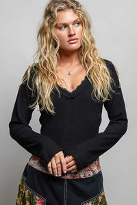 POL V-Neck Long Sleeve Ribbed Top with Lace-Accent Neckband 100100854261520 50 Affordable Fashion Under $100 Jerry's Apparel 