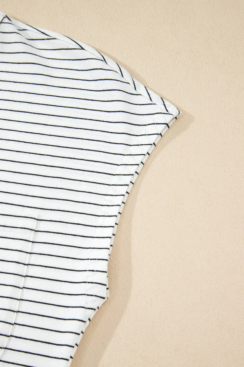 Stripe Cap Sleeve Crew Neck Casual Tee with Chest Pocket