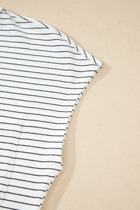 Stripe Cap Sleeve Crew Neck Casual Tee with Chest Pocket