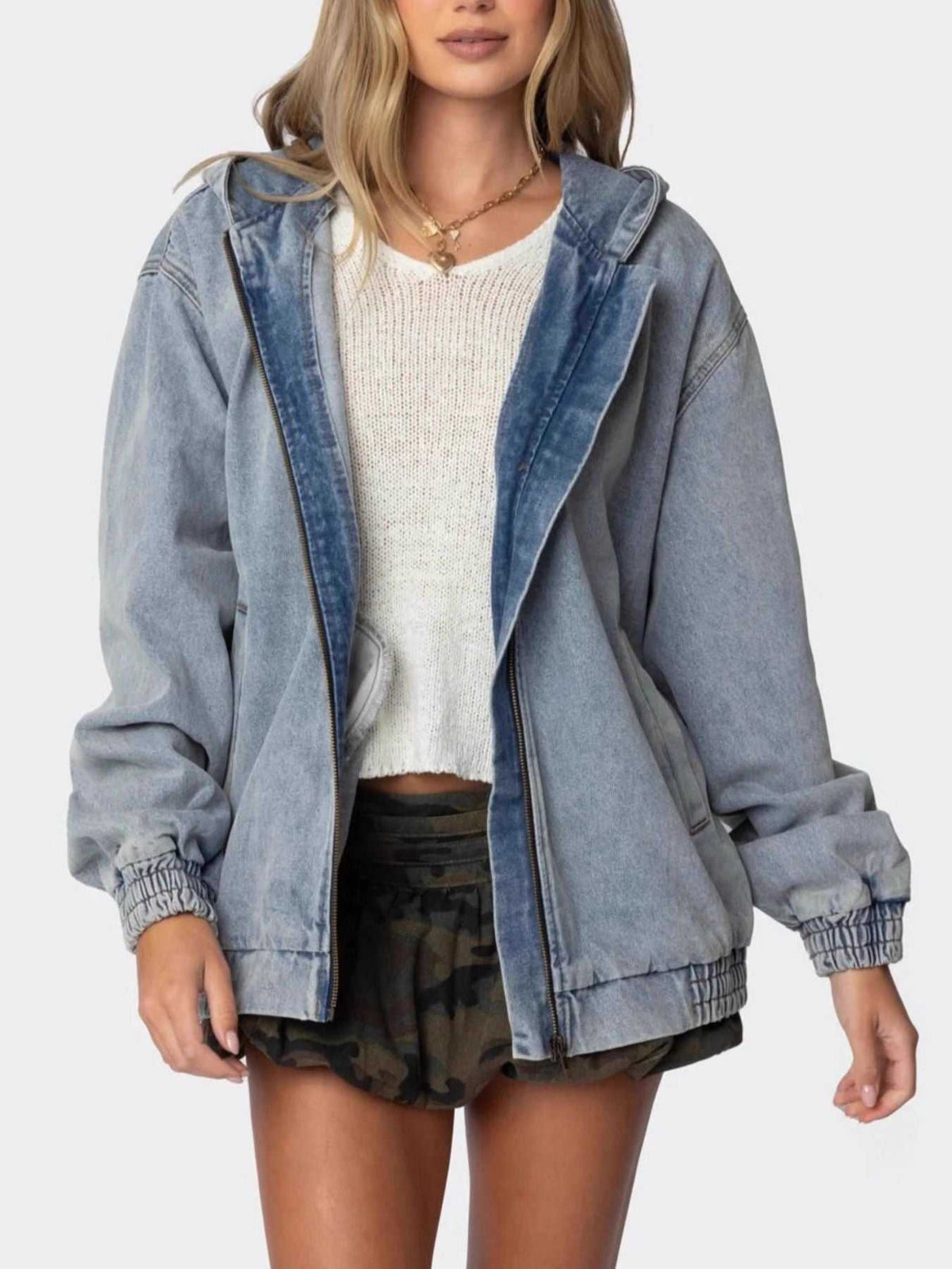 Hooded Oversized Zip Up Denim Jacket 100100161894266 77 Affordable Fashion Under $100 Jerry's Apparel 