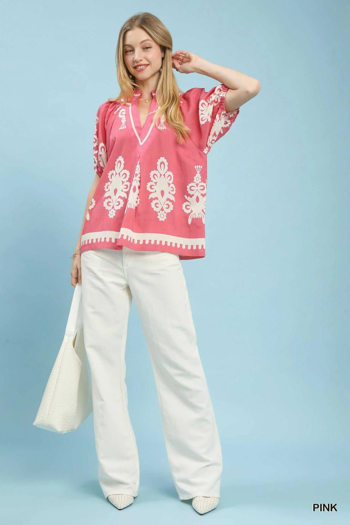 Umgee Boho Print Split-Neck Short Sleeve Top 100100075661814 47 Affordable Fashion Under $100 Jerry's Apparel 