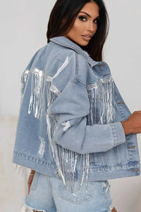 Sequin Fringe Trim Distressed Button Up Denim Jacket 100100307792425 101 Birthday Outfit Ideas Jerry's Apparel 