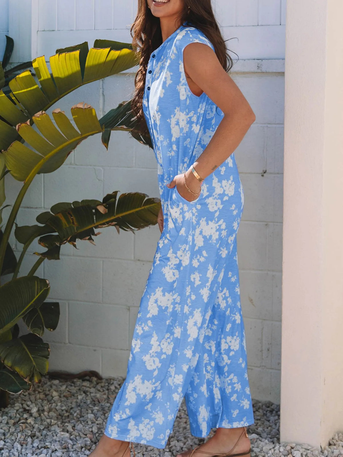Printed Button-Front Wide Leg Jumpsuit