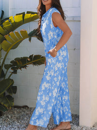 Printed Button-Front Wide Leg Jumpsuit