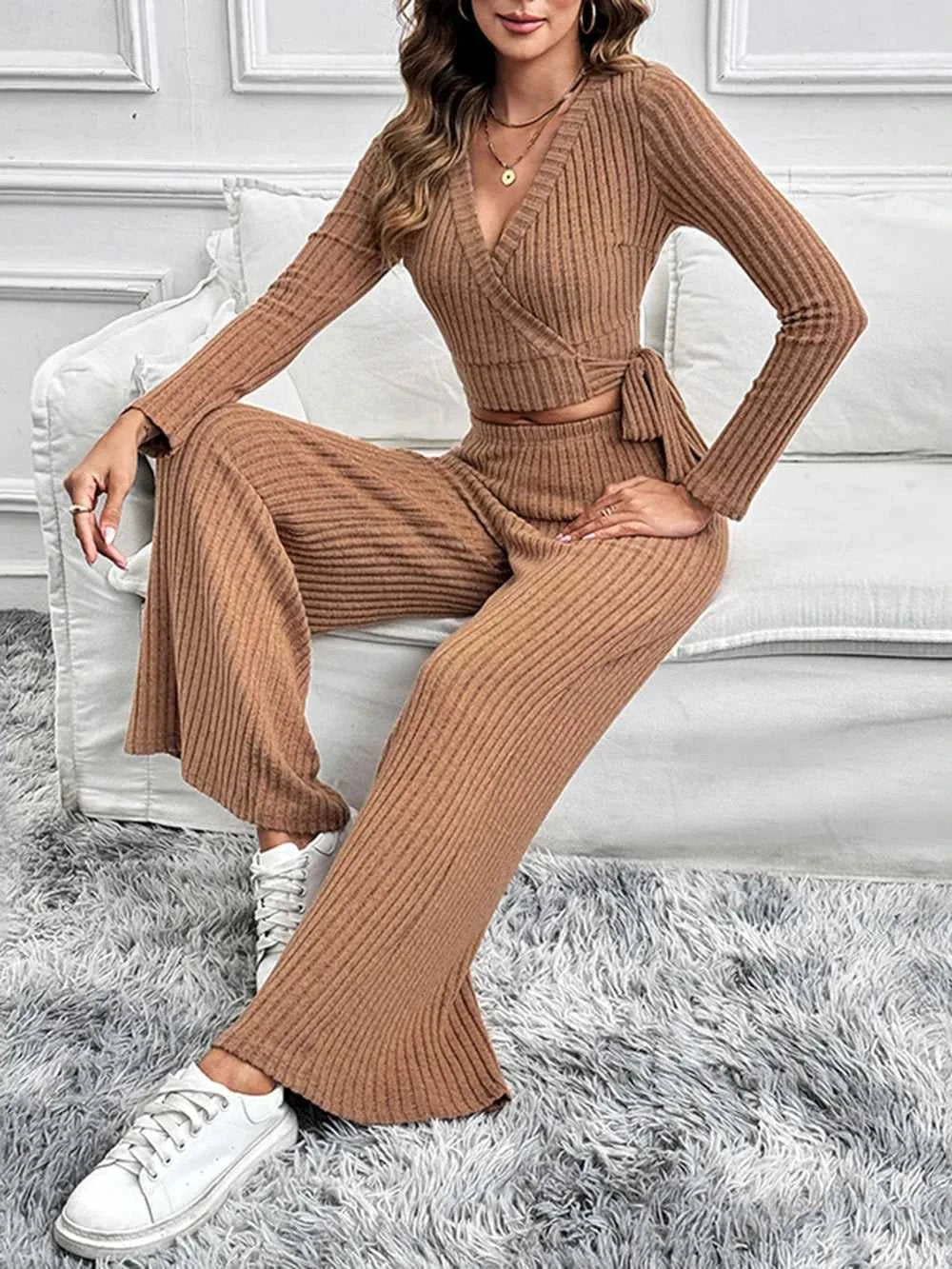 Perfee Surplice Long Sleeve Top and Pants Set 100100682721258 48 Jerry's Apparel 