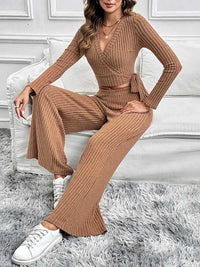 Perfee Surplice Long Sleeve Top and Pants Set 100100682721258 48 Jerry's Apparel 