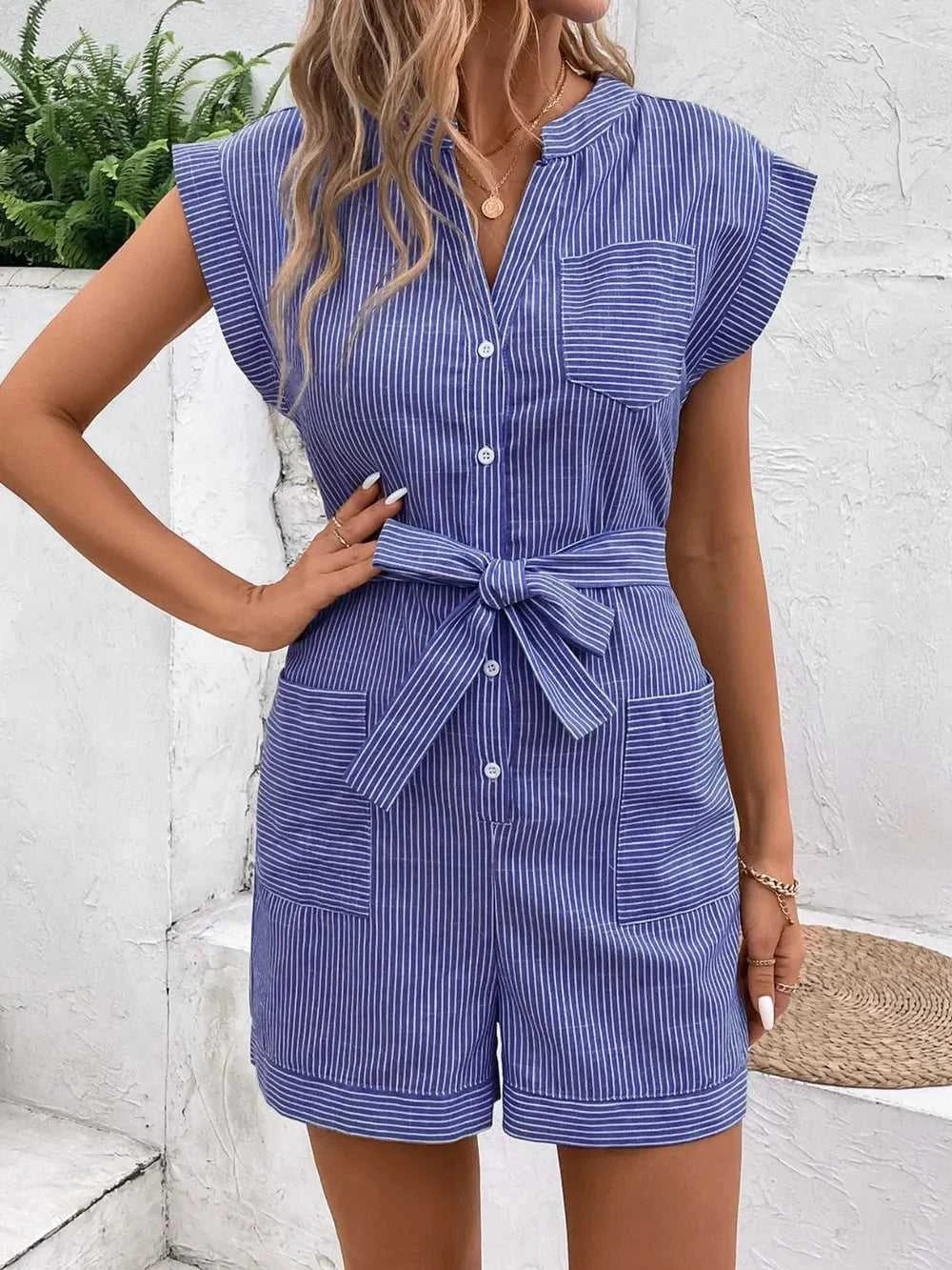 Perfee Striped Notched Tie Waist Romper 100100531531771 37 Affordable Fashion Under $100 Jerry's Apparel 