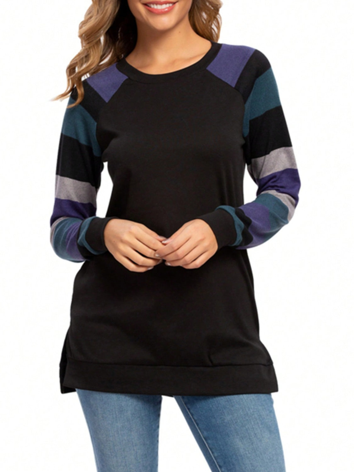 Color Block Round Neck Long Sleeve T-Shirt