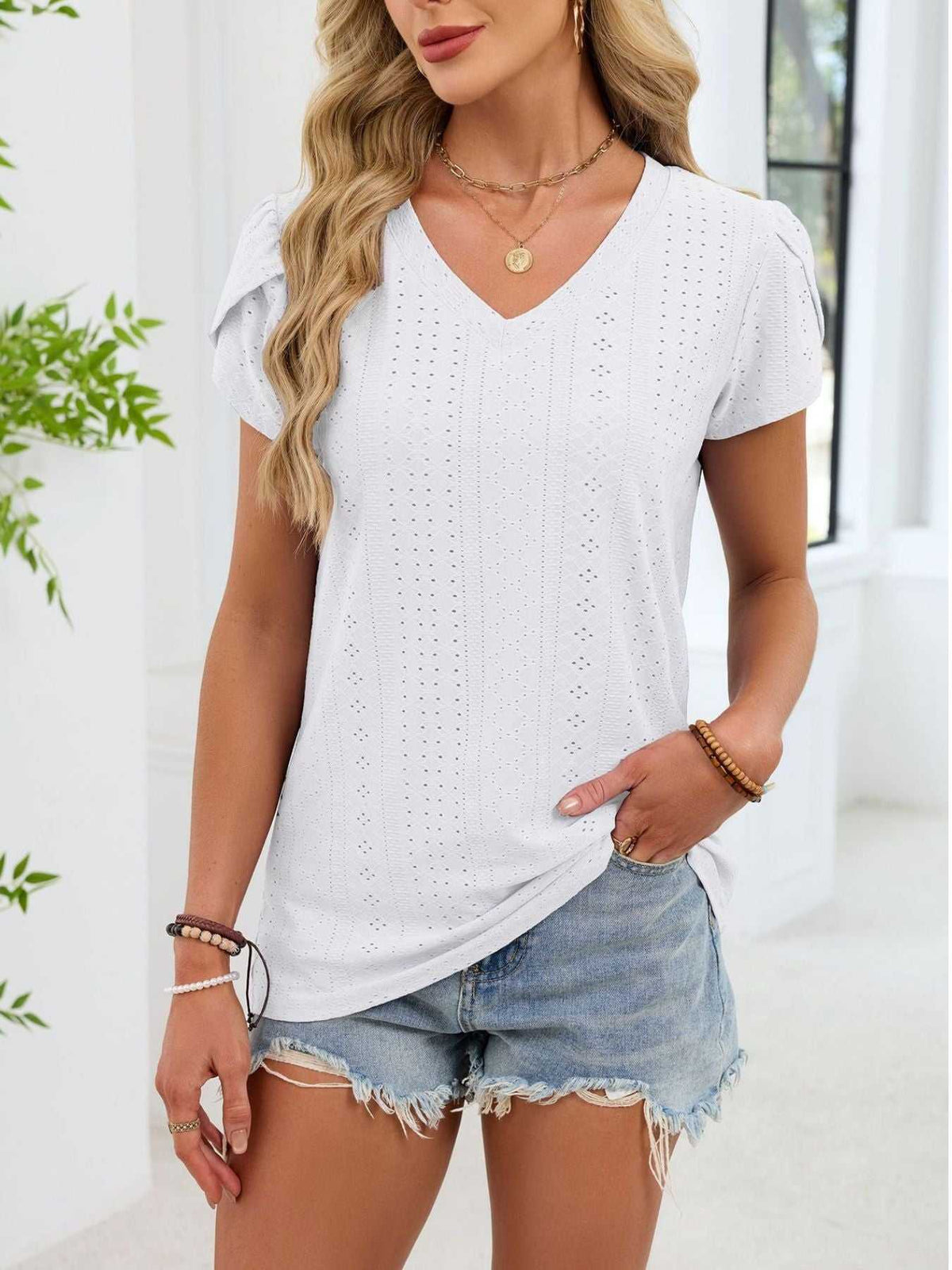 Eyelet Petal Sleeve V-Neck T-Shirt 100100180821182 24 Affordable Fashion Under $100 Jerry's Apparel 