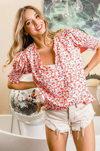 BiBi Floral Jqd Smoked Puff Sleeves V Neck Top