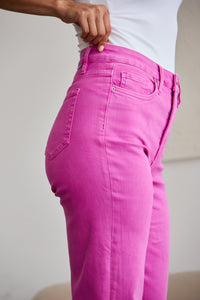 Full Size Tummy Control High Waist Raw Hem Jeans Pink Rouge