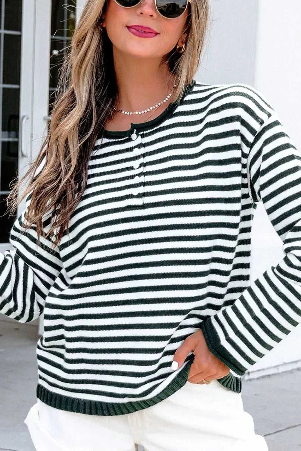 Striped Button Placket Drop Shoulder Long Sleeve Sweater 100100966141645 48 Women's Sweaters and Knitwear Jerry's Apparel 