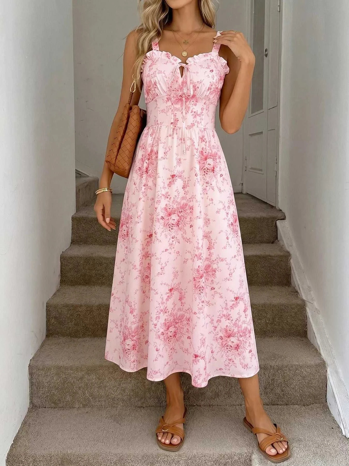 Floral Print Frill Trim Cami Dress 100100490304212 34 Women's Midi Dress Affordable Fashion Under $100 Jerry's Apparel 