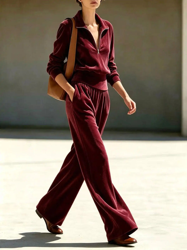 Full Size Quarter-Zip Top and Wide-Leg Pants Set Plus Size 101001639337372 55 Women's Pants Set Gifts for Her Jerry's Apparel 