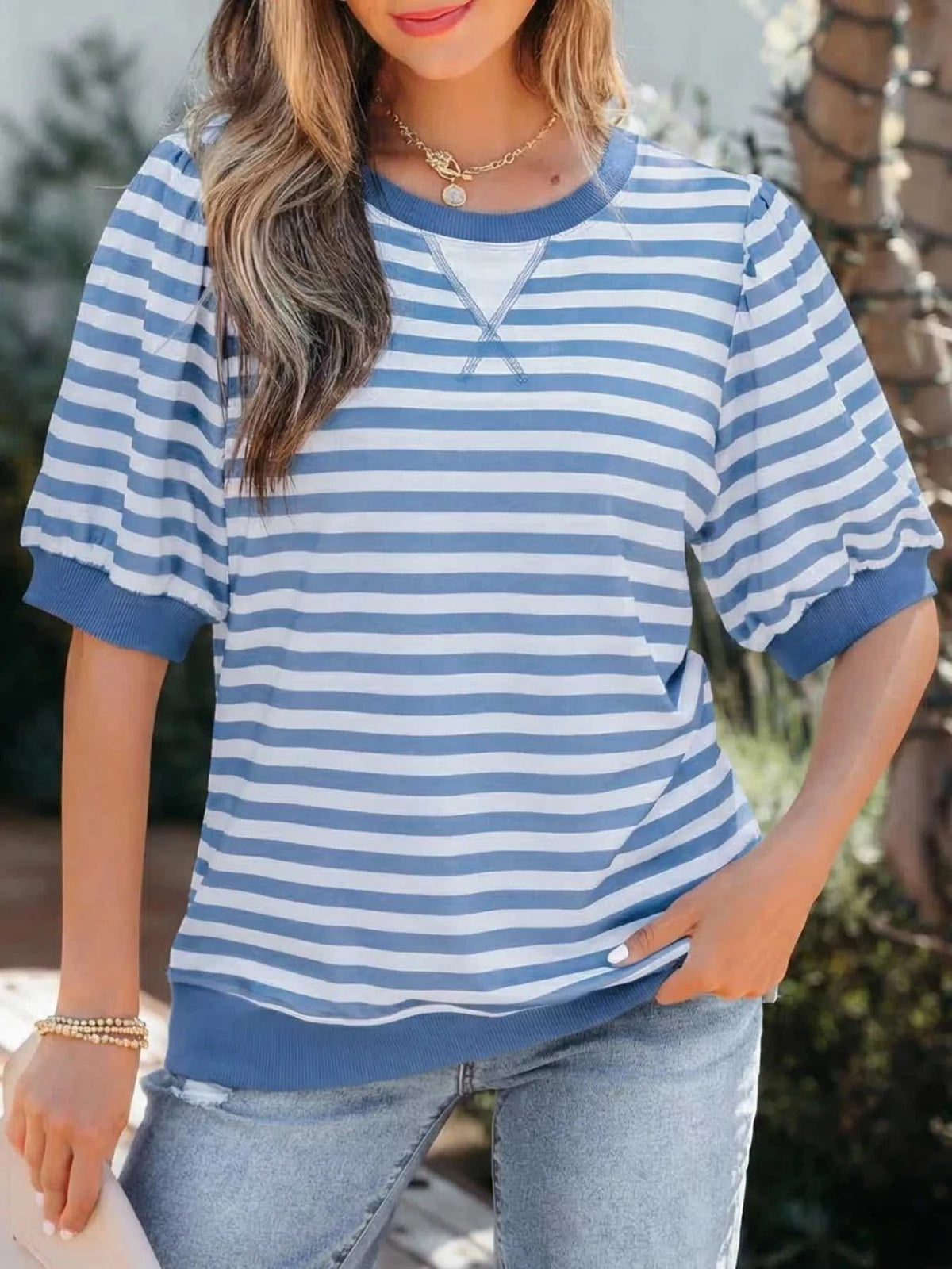 Stripe Short Bubble Sleeve T Shirt 100100135720202 29 Affordable Fashion Under $100 Jerry's Apparel 