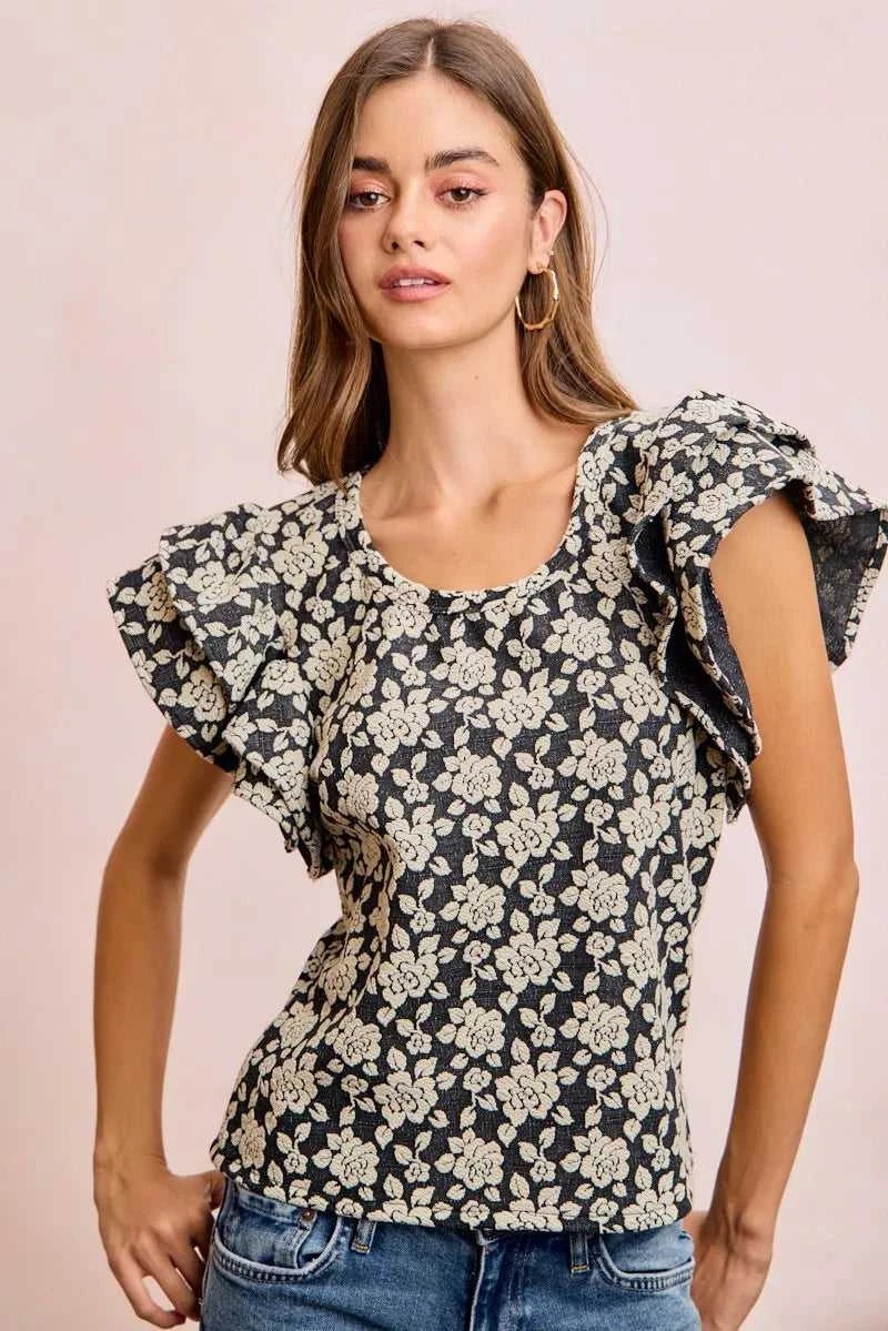 BiBi Floral Jacquard Ruffle Sleeves Knit Top 100100264791752 46 Affordable Fashion Under $100 Jerry's Apparel 