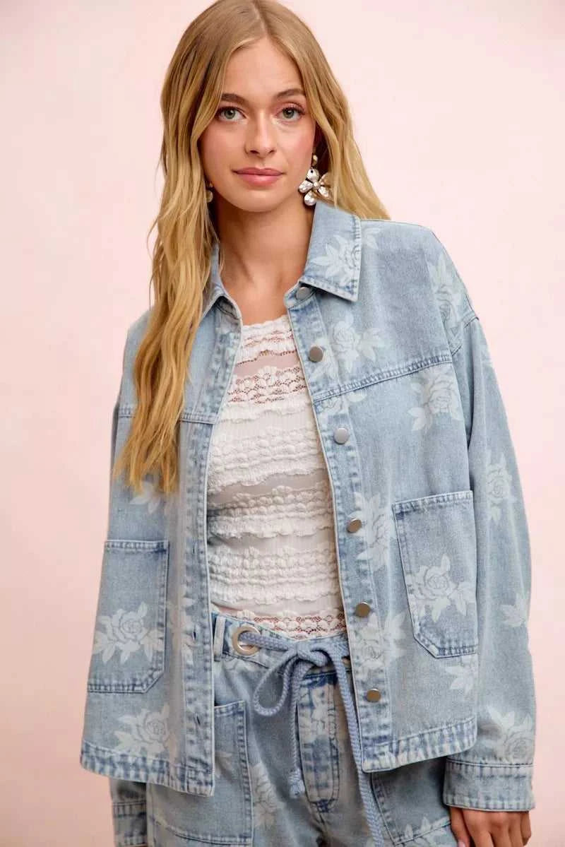 BiBi Printed Washed Denim Jacket With Pocket 100100427641338 64 Affordable Fashion Under $100 Jerry's Apparel 