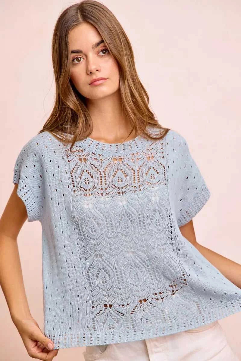 BiBi Washed Eyelet Short Sleeve Breathable Knit Top 100100212911752 43 Affordable Fashion Under $100 Jerry's Apparel 