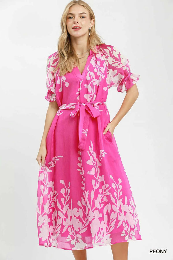 Umgee Floral Print Tie Waist Midi Dress with Side Pockets 100100836221705 66 Affordable Fashion Under $100 Jerry's Apparel 