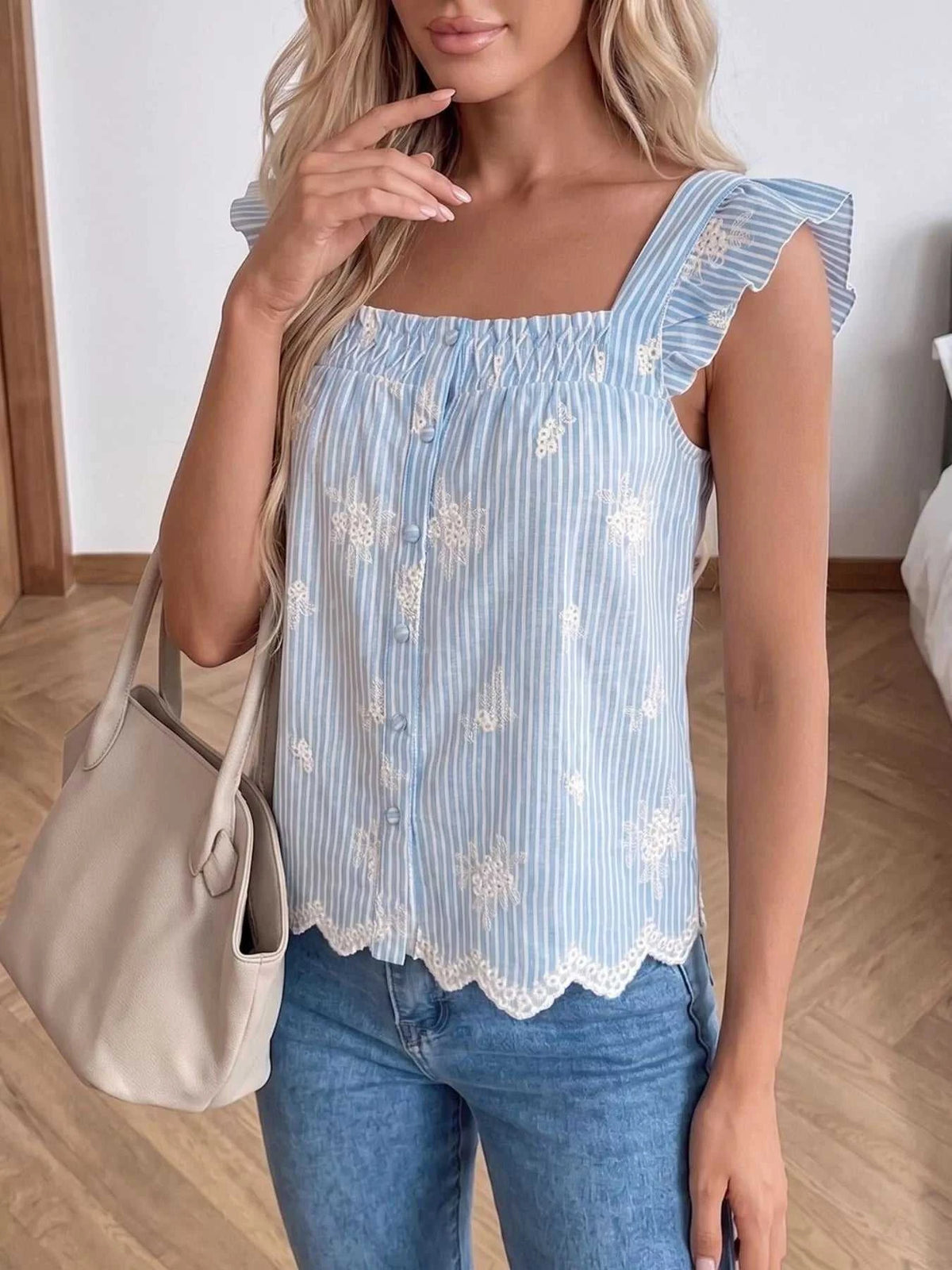 Striped Embroidered Ruffle Sleeve Blouse 100100769903290 43 Affordable Fashion Under $100 Jerry's Apparel 