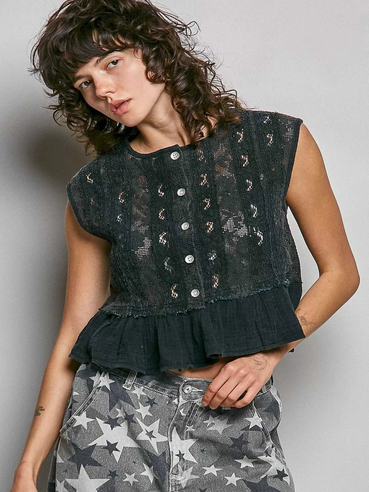 POL Round Neck Lace Sleeveless Top with Double Gauze Ruffle 100100503951935 64 Affordable Fashion Under $100 Jerry's Apparel 