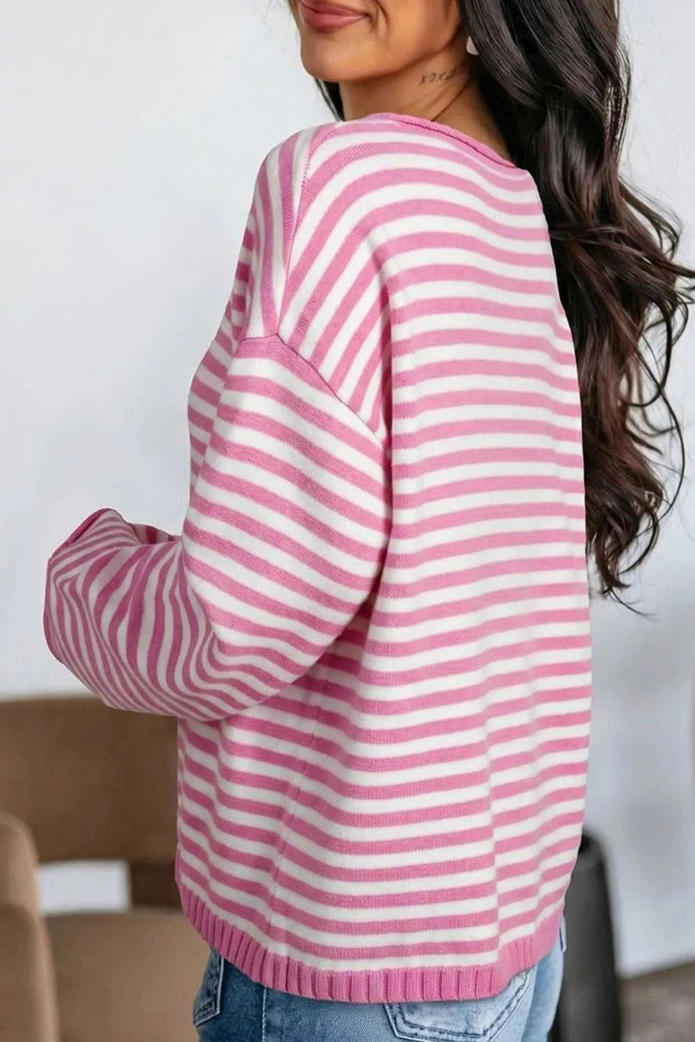 Striped Button Placket Drop Shoulder Long Sleeve Sweater 100100966141645 48 Women's Sweaters and Knitwear Jerry's Apparel 