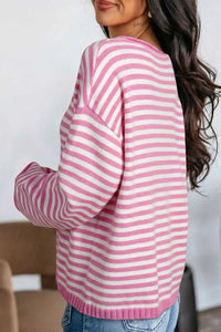 Striped Button Placket Drop Shoulder Long Sleeve Sweater 100100966141645 48 Women's Sweaters and Knitwear Jerry's Apparel 