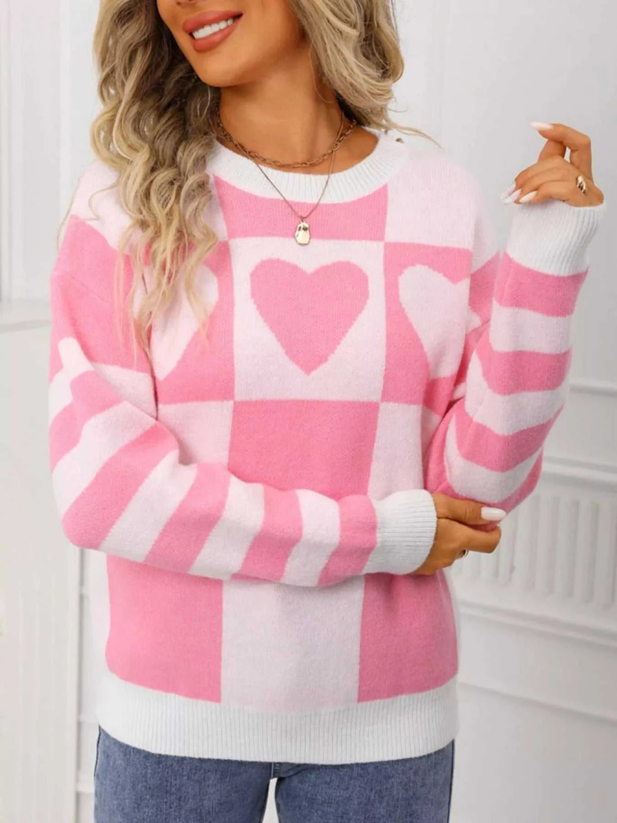 Heart Pattern Checkerboard Knit Sweater 100100337123266 46 Affordable Fashion Under $100 Jerry's Apparel 