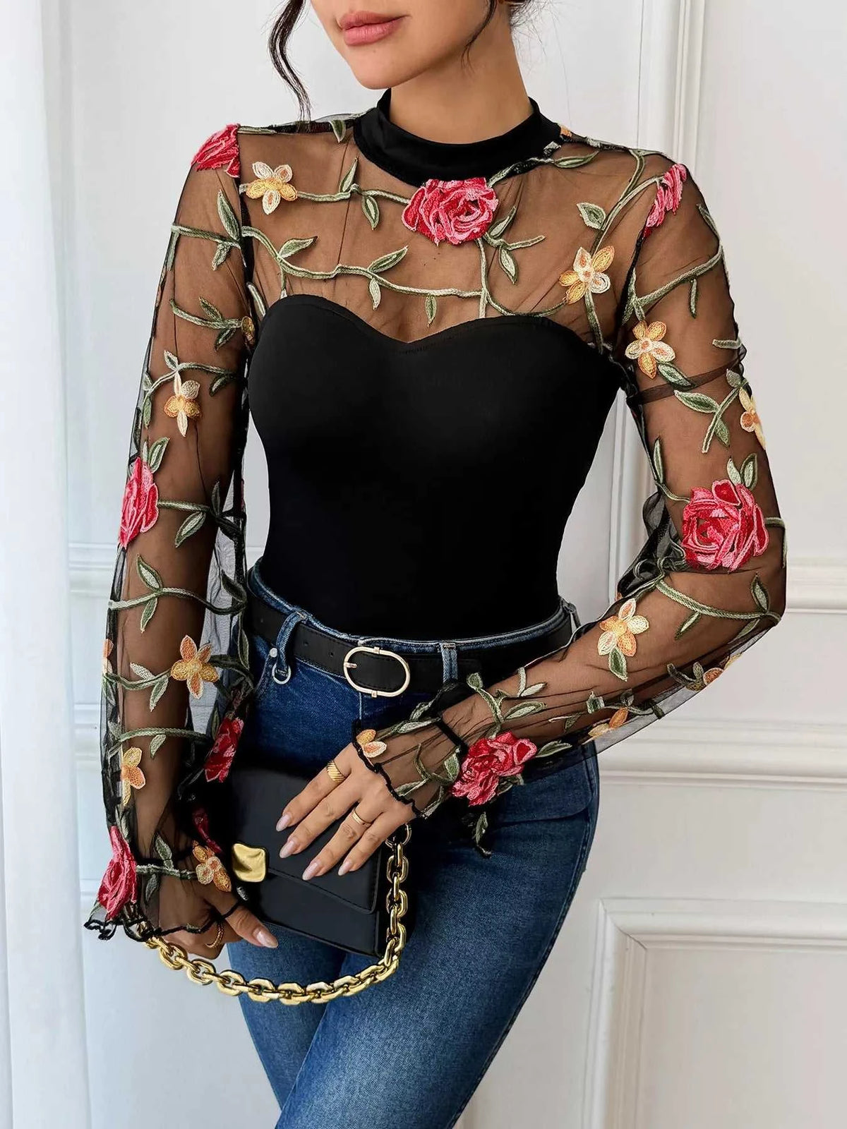 Floral Embroidered Mesh Long Sleeve Bodysuit 100100221400313 35 Affordable Fashion Under $100 Jerry's Apparel 