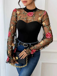Floral Embroidered Mesh Long Sleeve Bodysuit 100100221400313 35 Affordable Fashion Under $100 Jerry's Apparel 