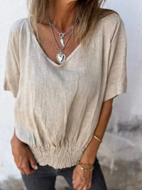 Full Size Smocked Hem V-Neck Relaxed Fit T-Shirt Plus Size