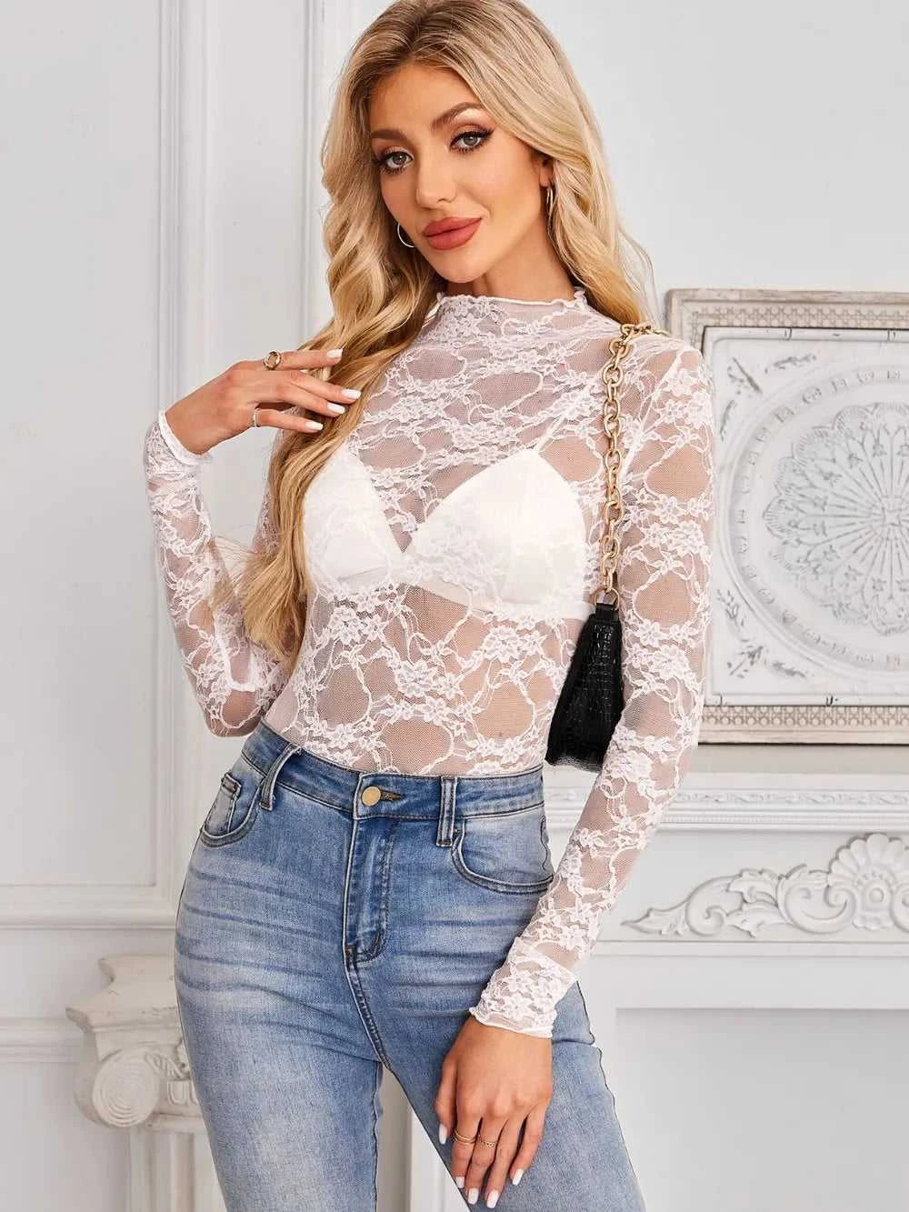 Mock Neck Long Sleeve Lace Sheer Top 100100861526419 16 Affordable Fashion Under $100 Jerry's Apparel 
