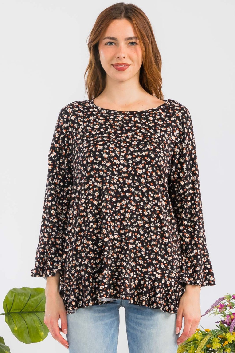 Full Size Floral Ruffle Detail Top