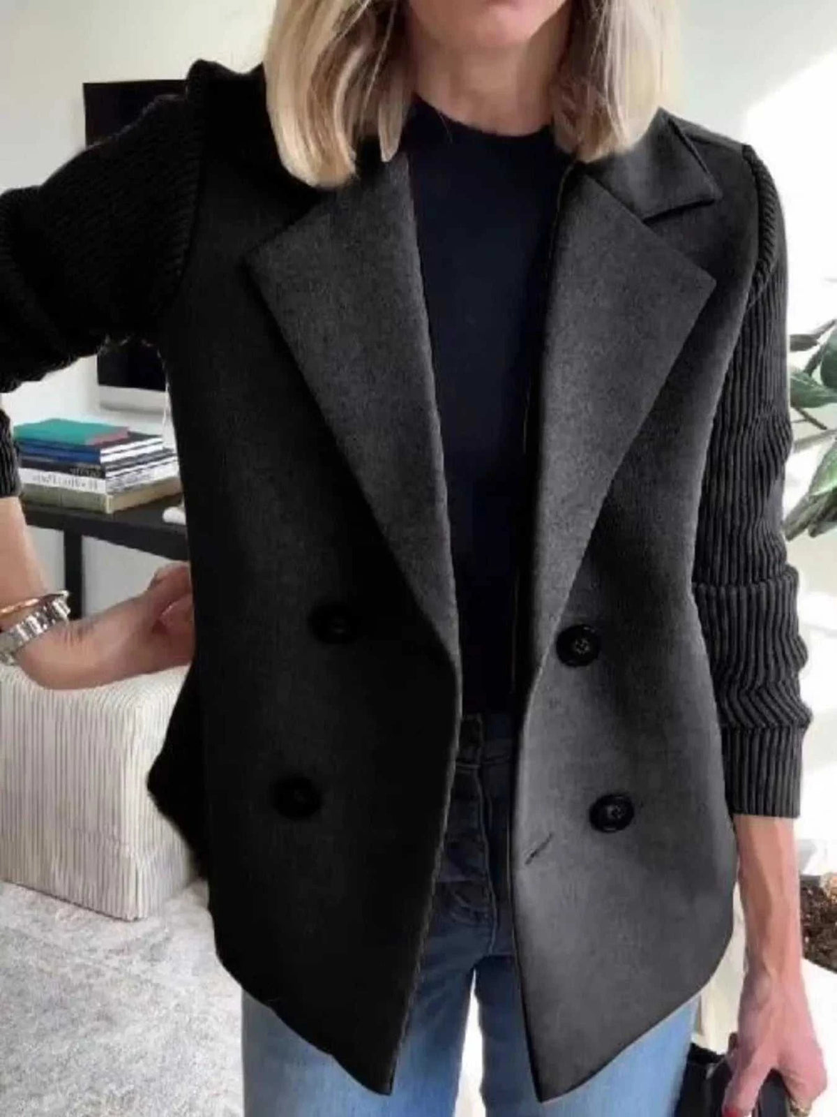 Full Size Knitted Sleeve Wool Blend Double-Breasted Blazer Plus Size 100100695520527 42 Affordable Fashion Under $100 Jerry's Apparel 