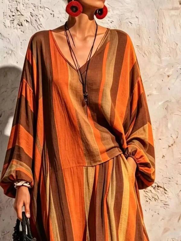 Bohemian Striped V-Neck Loose Top and Wide Leg Pants Set 101001499000333 56 Affordable Fashion Under $100 Jerry's Apparel 