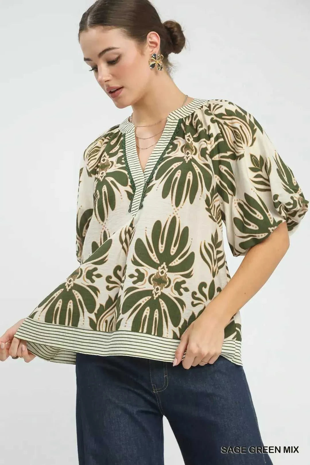 Umgee Mix Printed Puff Sleeve Top with Contrast Trim 100100368811018 47 Affordable Fashion Under $100 Jerry's Apparel 