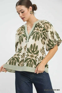 Umgee Mix Printed Puff Sleeve Top with Contrast Trim 100100368811018 47 Affordable Fashion Under $100 Jerry's Apparel 
