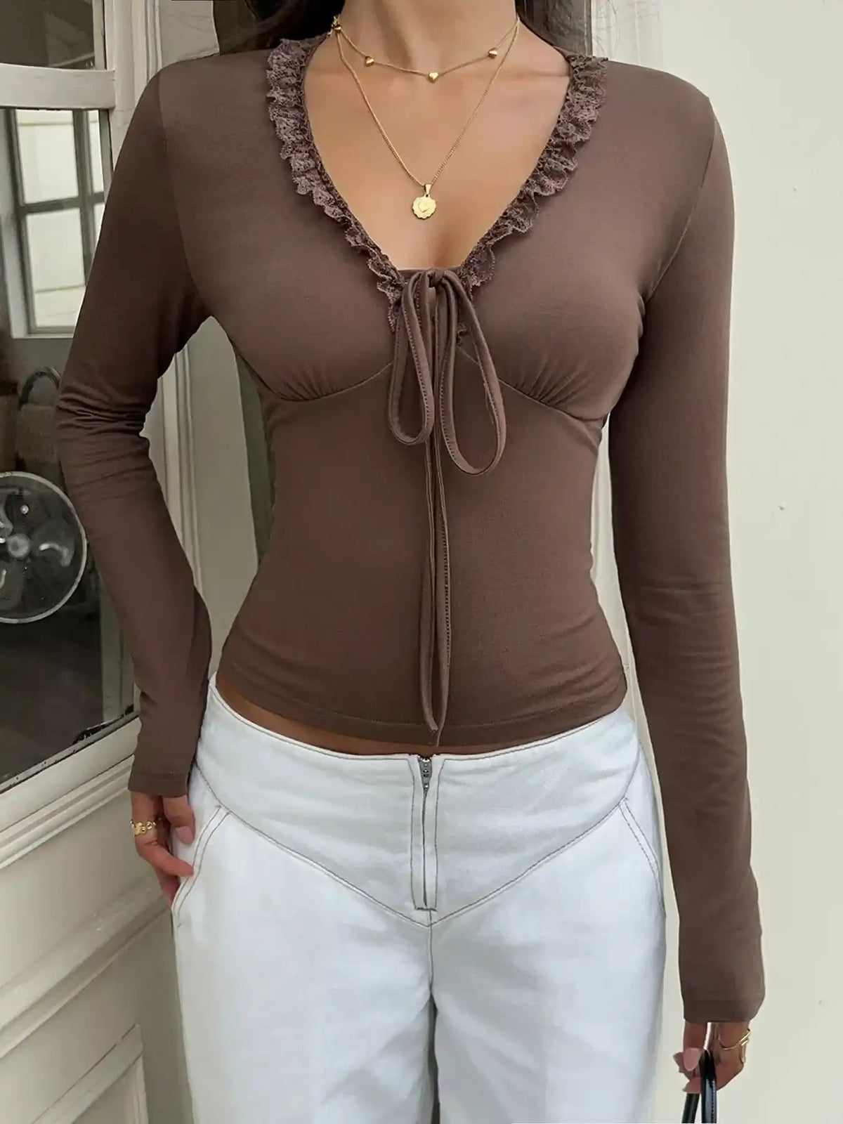 Lace-Trimmed V-Neck Long Sleeve T-Shirt 101001034091782 33 Affordable Fashion Under $100 Jerry's Apparel 