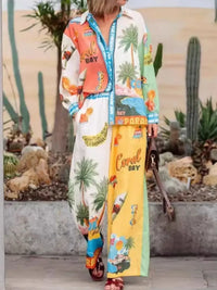 Printed Button Up Shirt and Pants Set