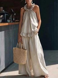 Full Size Ruffled Halter Neck Top and Wide-Leg Pants Set Plus Size 100100136728572 49 Affordable Fashion Under $100 Jerry's Apparel 