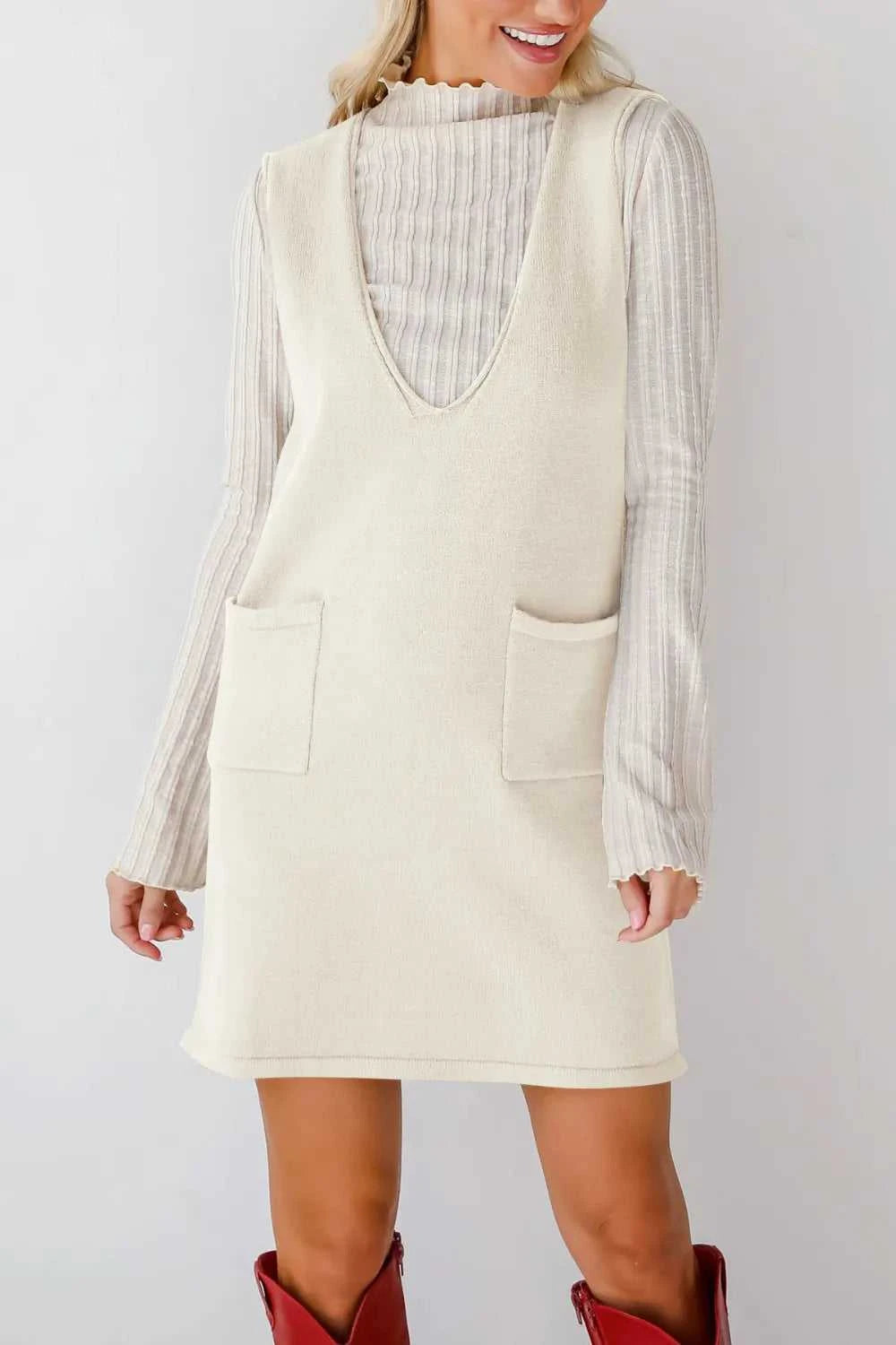 Lovelet Pocketed V-Neck Mini Sweater Overall Dress 100100741662145 42 Affordable Fashion Under $100 Jerry's Apparel 