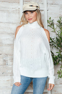 Cable-Knit Turtleneck Cold Shoulder Sweater