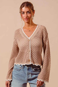 SO ME Open Knit Light Weight Sweater Cardigan With Contrast Wavy Scallop Edge 100100641861665 41 Affordable Fashion Under $100 Jerry's Apparel 